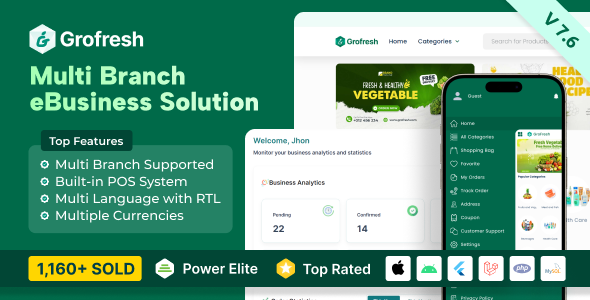 GroFresh – (Grocery, Pharmacy, eCommerce, Store) App and Web with Laravel Admin Panel + Delivery App 7.6